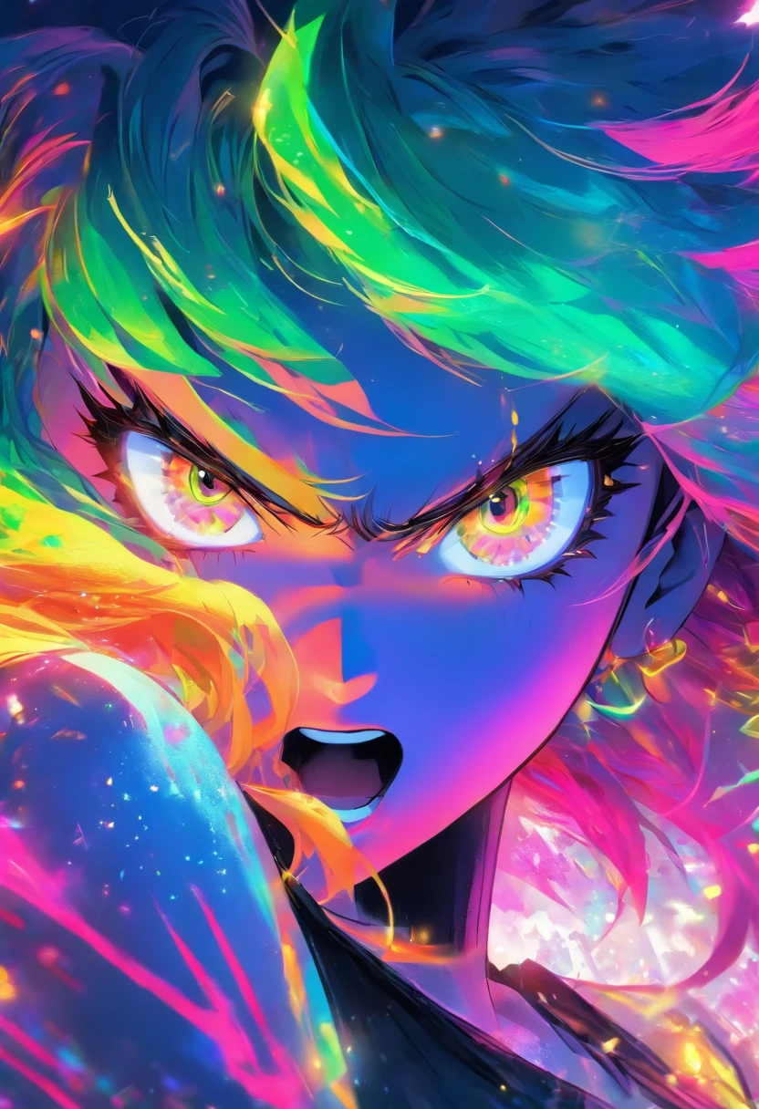 A garota mais linda e sexy, rainbow colored hair, olhos amarelos, lendo seu notebook altamente detalhado, fundo altamente detalhado com envelopes de correspondencia, obra-prima perfeita, alta qualidade, alta resolução