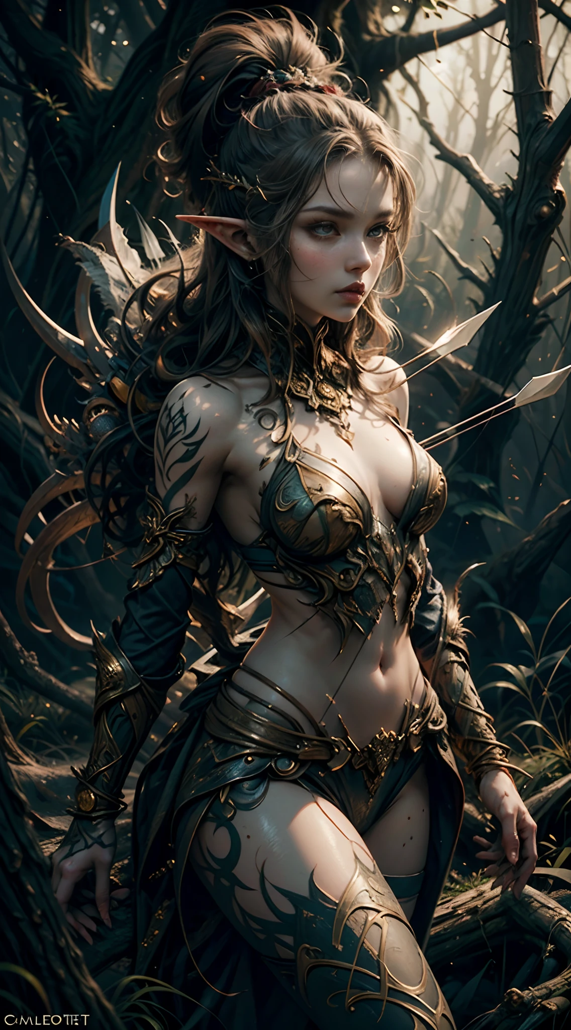 award-winning oil painting, (Elf Hunter, Wild-elf, Strong, toned tattooed body, silky hair), (hunting, bow and arrow), (wild, tight body, agile, hunting posture)), (deep night forest), (hunting))) detailed, soft focus, brown body, marking on face, tribe women, Hunter, Night Hunting, Sneaking, focused on hunting , photorealistic oil painting, by charlie bowater, fine details, by wlop, trending on artstation, very detailed, natural beauty, dynamic pose.