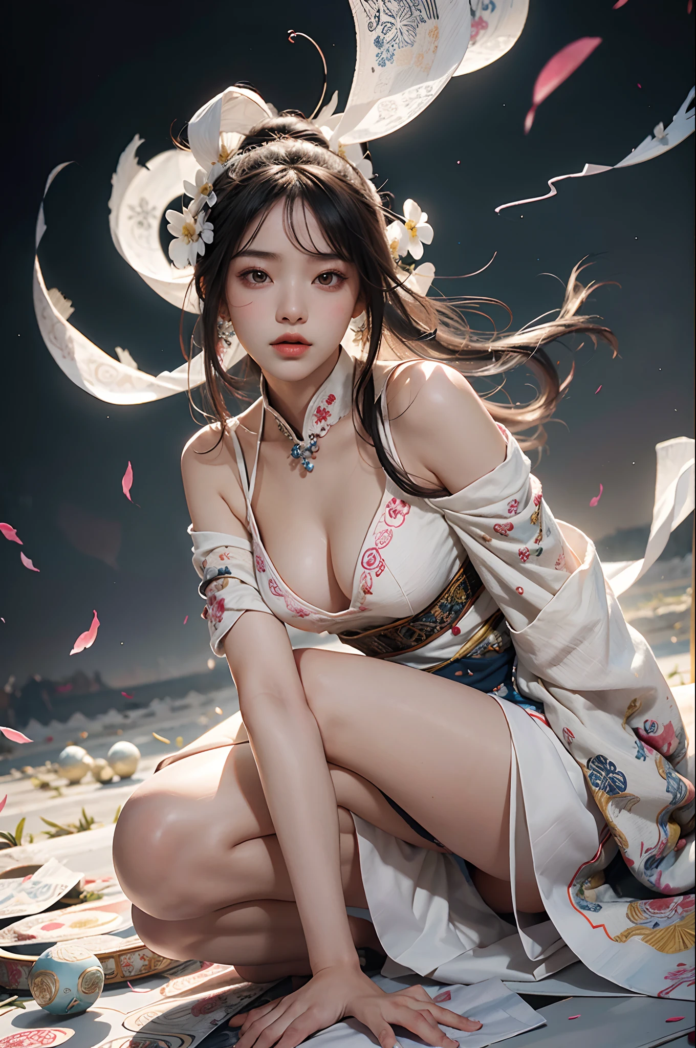 zhongfenghua, 1girl, (full body) solo, hanfu, flower field, blossom, (white smokes:1.3) (photorealistic:1.4), zentangle, mandala, entangle, official art, unity 8k wallpaper, ultra detailed, beautiful and aesthetic, masterpiece,best quality, (dynamic angle:1.4), glowing skin, (floating colorful sparkles:1) the most beautiful form of chaos, elegant, a brutalist designed, vivid colours, romanticism depth of field,