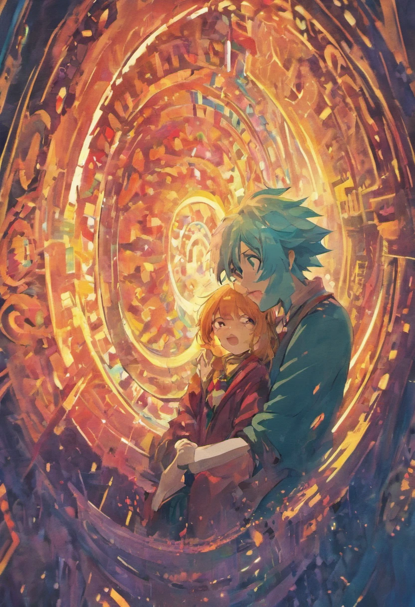 Glitchcore book pages, ilustrações coloridasa man with a beard and a child being sucked into a portal cartoon style