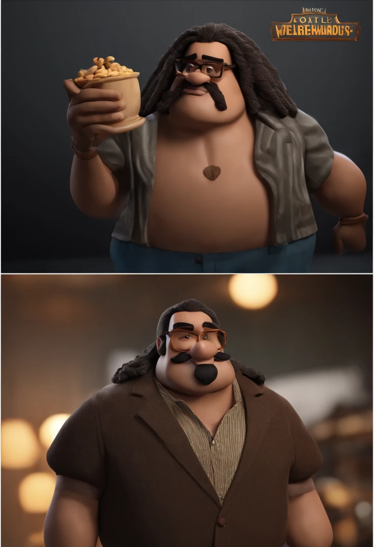 Personagem de desenho animado de um homem com dreadlocks ,com bigode e cavanhaque usando preto, um personagem animado, Caractere estilizado, animation style rendering, 3D estilizado, Arnold Maya render, 3 d render stylized, toon render keyshot, Personagem 3D, Personagem 3D, 3d rendering stylized, 3 d character render, personagem de desenho animado, Personagem de close up, Pose de personagem, (Estilo Pixar) (master part:1.2) (Bokeh) (best quality) (pele detalhada) (textura detalhada) (8k) (argila) (Cinematic lighting) (foco nítido,Senta e vaza a parte superior do corpo