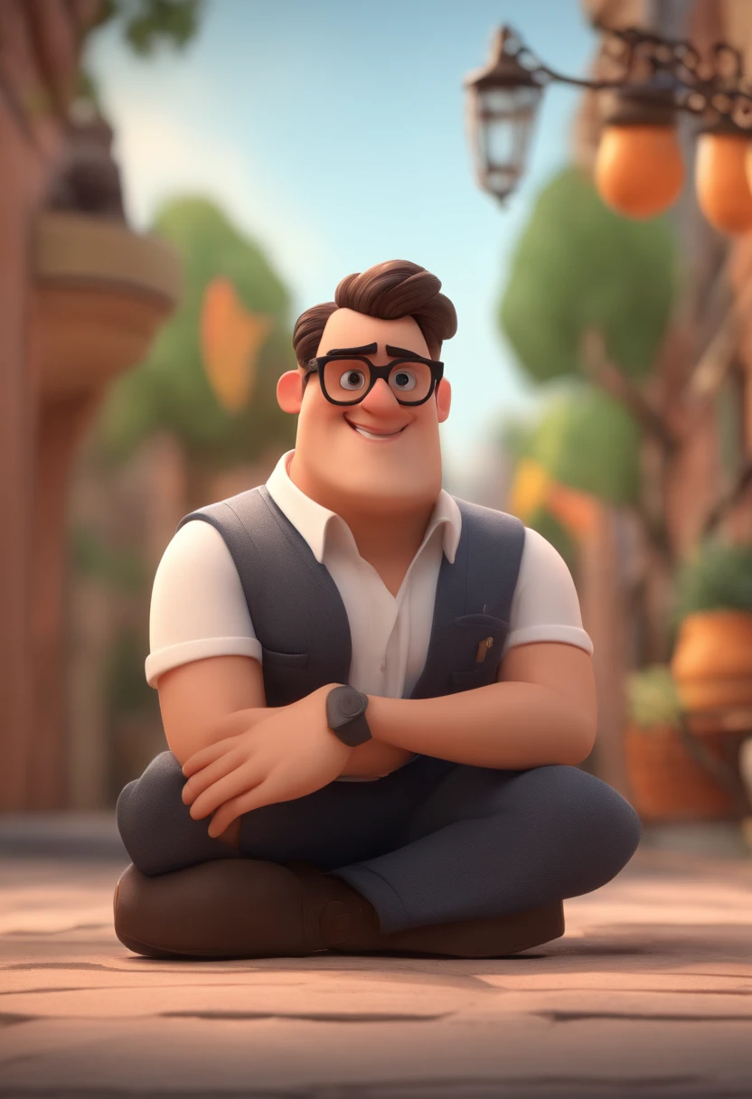 Cartoon character of a man wearing black glasses and a white short sleeve shirt, um personagem animado, Caractere estilizado, animation style rendering, 3D estilizado, Arnold Maya render, 3 d render stylized, toon render keyshot, Personagem 3D, Personagem 3D, 3d rendering stylized, 3 d character render, personagem de desenho animado, Personagem de close up, Pose de personagem, (Estilo Pixar) (master part:1.2) (Bokeh) (melhor qualidade) (pele detalhada) (textura detalhada) (8k) (argila) (Cinematic lighting) (foco nítido，sentado  em um escritorio onde aparece 2 computadores.