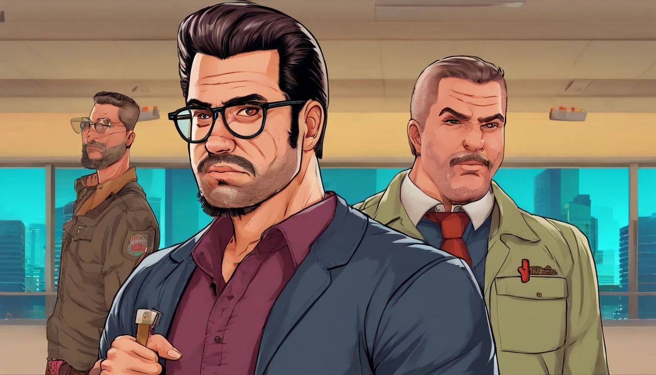 ((best quality)), ((master part)), ((desenhos animados realistas)), ((Personagem perfeito)) - Um retrato frontal meticulosamente detalhado e realista de um homem com cabelo raspado, glasses and a shirt with beautiful textures. O homem olha diretamente para o espectador, Establish a strong and confident presence. The image captures their distinctive facial features, accurately showing the brightness of your eyes and the design of your glasses. The black shirt is rendered with fine details, aumentando o profissionalismo do retrato. Enviado para documentos oficiais, this portrait is presented in impressive 8K UHD resolution, Ensure clarity and unique protection.