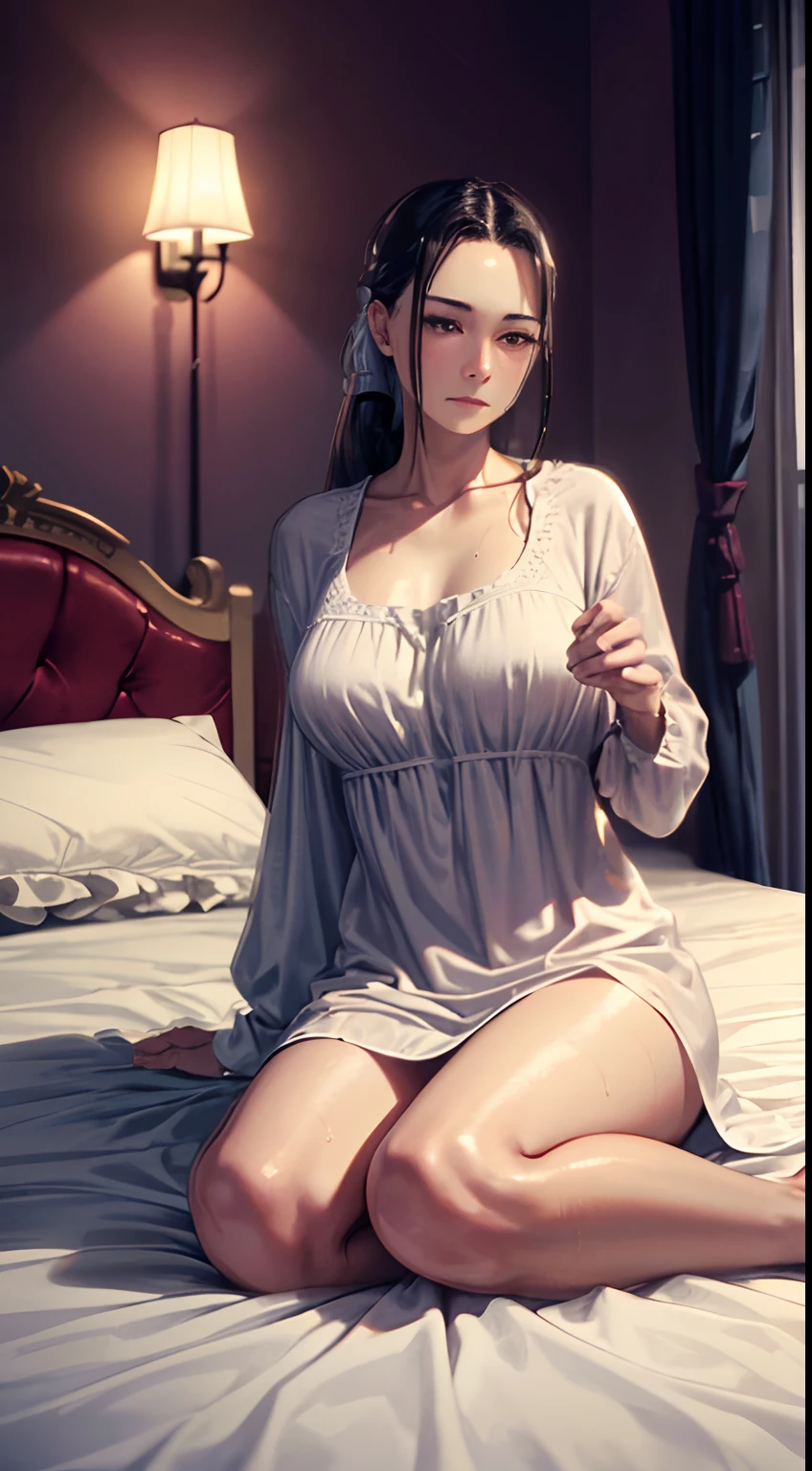 (highres,best quality:1.2),mature female,sitting on bed,nightgown,wet,dim lighting,luxurious bedroom,soft velvet texture,dreamy ambiance,subtle shadows,calm expression,gentle pose,dark color scheme,reflections on the floor,wistful atmosphere,comfortable surroundings,faint glow from a bedside lamp