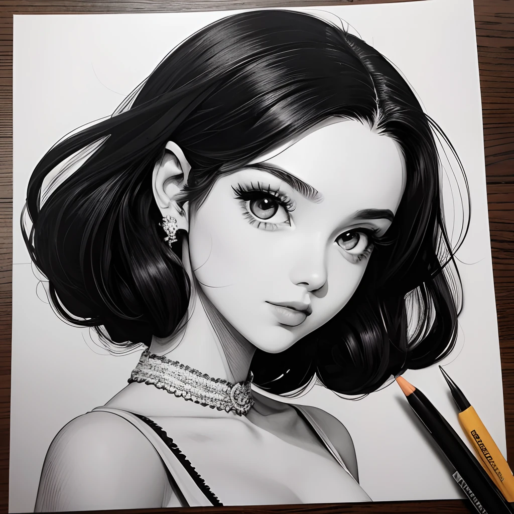 Pau preto e branco figura 1 mulher de 18 anos com roupa decotada, Rosas no fundo , em vestido curto, sua arte de linha de tinta fina, comiс style, Retrato da meniynesian, Marilyn Munroe, Glam hollywoodiano, bela arte de linha, black and white comic style, Manga style, Manga art style, Caricature drawing in pencil and ink, black and white coloring