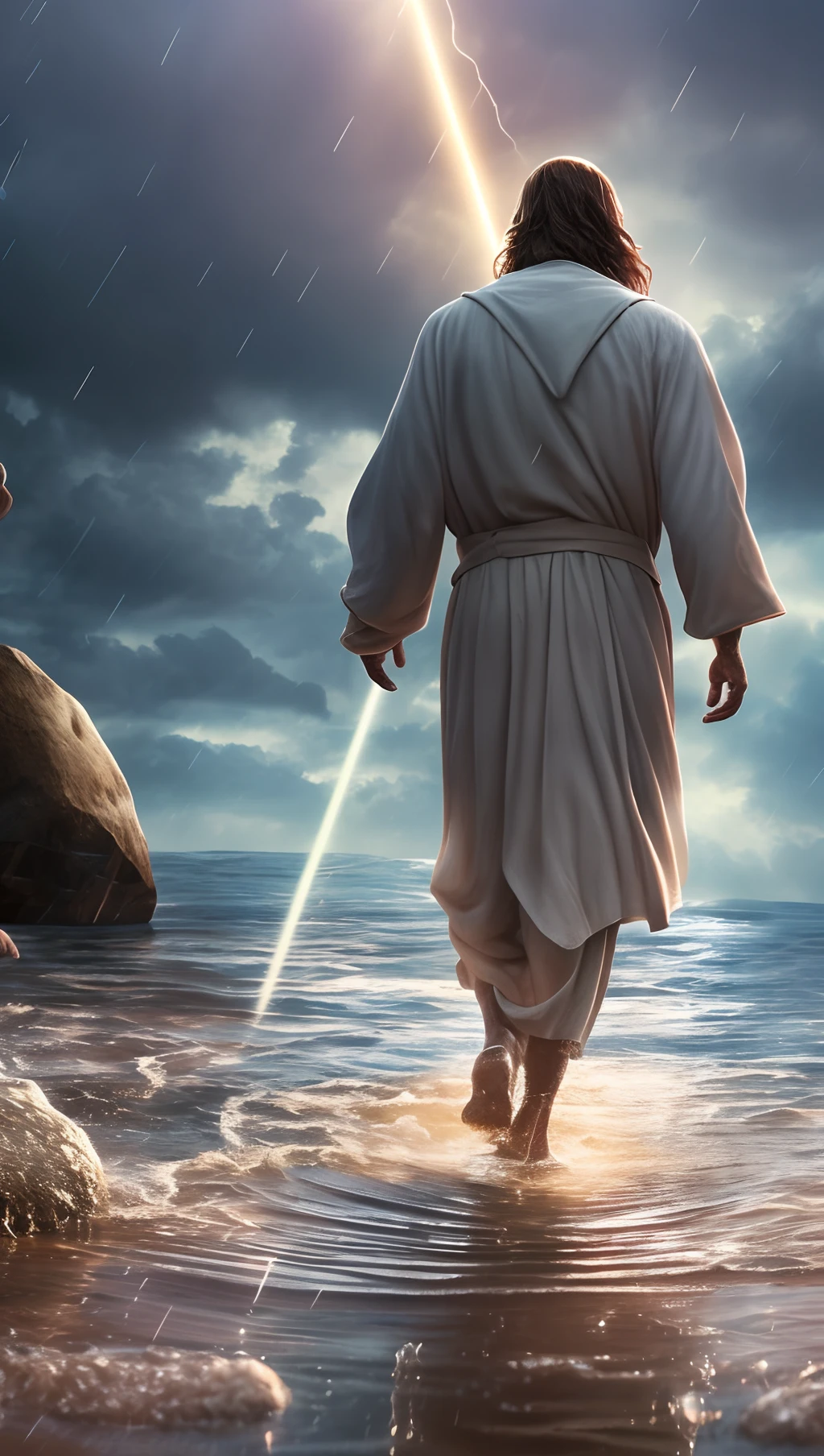 Jesus 30 years strong walking on the water in a storm, with vigor and smooth dramatic superiority, going to save Peter sinking in the water in the background an ancient boat with his frightened apostles, rays of light descending from the sky, masterpiece, high quality , high quality, highly detailed CG unity wallpaper 8k, award-winning photos, bokeh, depth of field, HDR, bloom, chromatic aberration, realistic, very detailed, trending in the artstation, trending in CGSociety, complex, high detail, dramatic, art in the middle of the journey, volumetric lighting, feet in the water.   

  INFORMATION --auto --s2