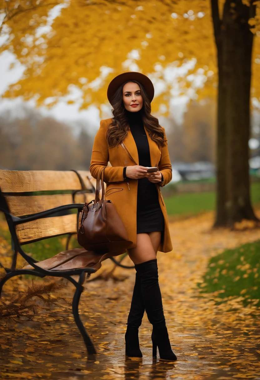 Selfie de 1 fille, leana noëlle mcfadden, 33 ans, brunette, bonnet, tresse, maquillage subtil, ennui, poitrine importante, vue d'en bas, bagues aux doigts, Brown jacket closed, collants, bottes, automne, feuilles partout, Pluie, wet floor, flaques d'eau, feuilles d'arbres jaunes, leather handbag, arbres, ultra realist, Ultra detailded, photo, assise sur un banc, Holds his Apple phone