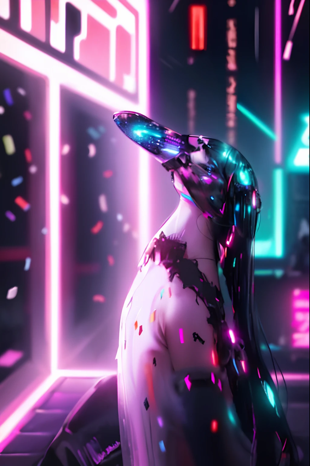 (Top image quality)、(8K picture quality)、(cyberpunked)、(masutepiece)、 (Flickering of light)、(Full body photo)、(Excessive amount of glowing confetti:1.5)、cinematric light, Cinema Shadow, Sharp Image, Extremely detailed, Volumetric, Bright sprites, particles effect, beautiful effects, Vivid colors, neons, (Neon light:1.5), Highly detailed image textures, detailed hairs, Detailed face, Detailed eyes, Full body photo, city、Dark hair、Sparkling red aura、beautiful effects, Vivid colors, Highly detailed image textures, detailed hairs, Detailed eyes,(Cyberpunk cityscape:1.5)、