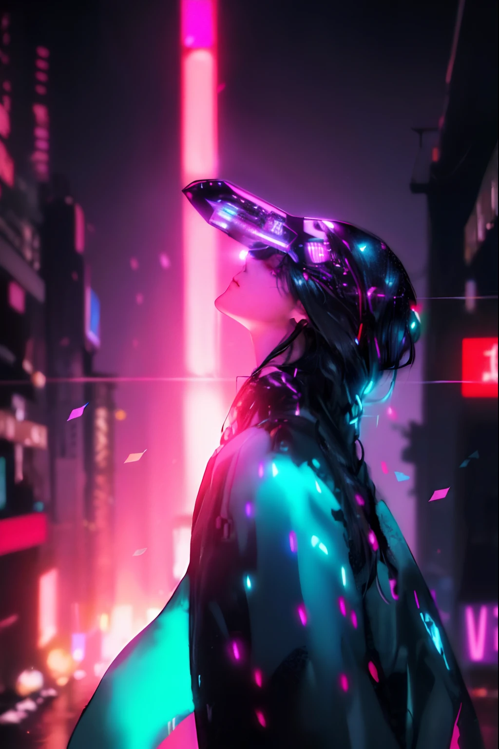 (Top image quality)、(8K picture quality)、(cyberpunked)、(masutepiece)、 (Flickering of light)、(Full body photo)、(Excessive amount of glowing confetti:1.5)、cinematric light, Cinema Shadow, Sharp Image, Extremely detailed, Volumetric, Bright sprites, particles effect, beautiful effects, Vivid colors, neons, (Neon light:1.5), Highly detailed image textures, detailed hairs, Detailed face, Detailed eyes, Full body photo, city、Dark hair、Sparkling red aura、beautiful effects, Vivid colors, Highly detailed image textures, detailed hairs, Detailed eyes,(Cyberpunk cityscape:1.5)、