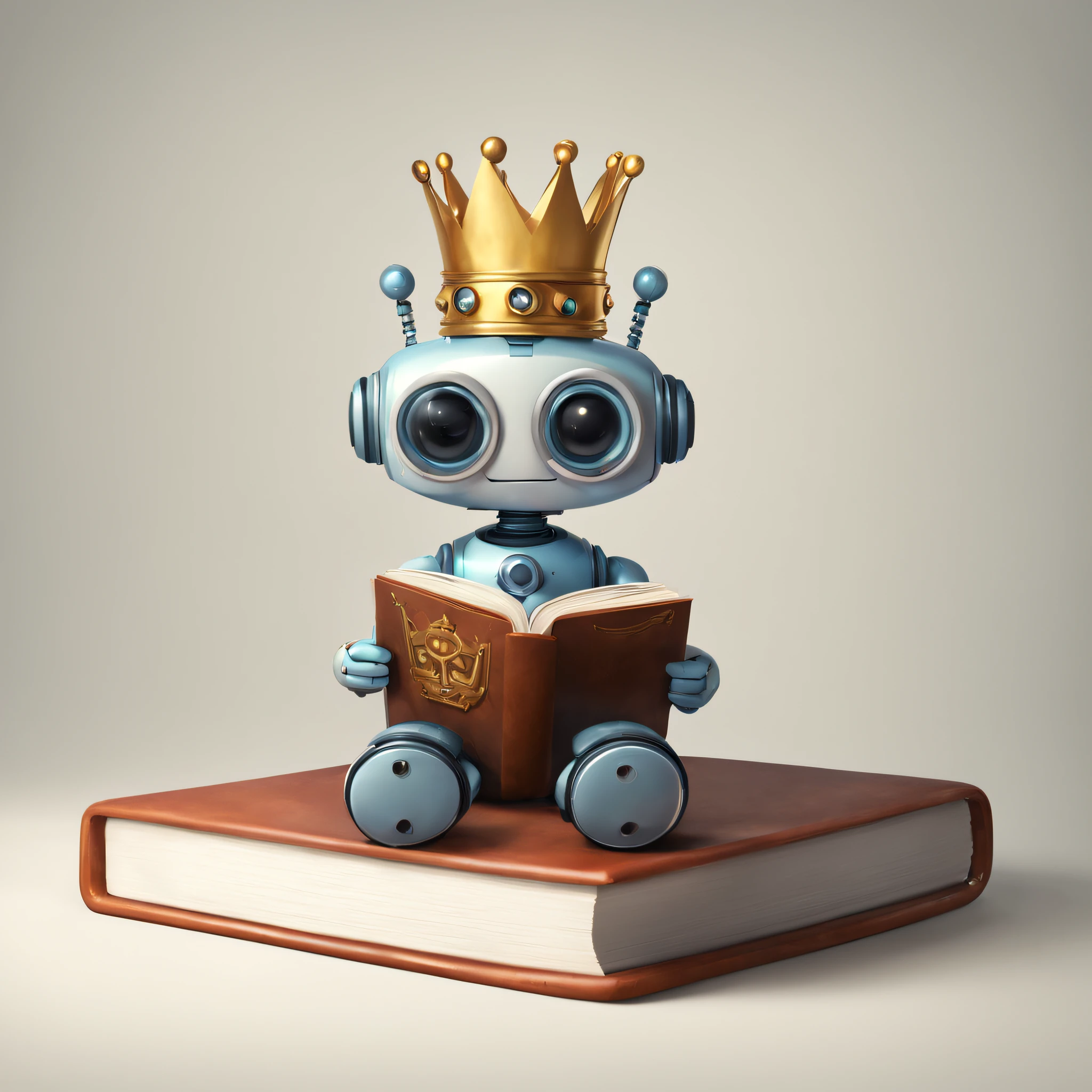 icon of cute robot with crown on head reading a book, detailed, digital painting, cinematic character design by mark ryden and pixar and hayao miyazaki, unreal 5, daz, hyperrealistic, octane render