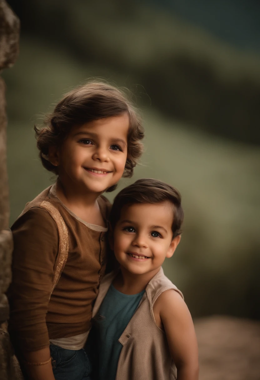 : Miguel, aproximadamente 5 anos de idade, cabelo curto estilo Disney, olhos castanhos e sorrisos. garota: Giovana, 2 anos, longos cabelos pretos e olhos azuis. scenecy: Miguel and Giovana are in a cozy little house in the valley, ao fundo um dia ensolarado, Destacando o Sol.