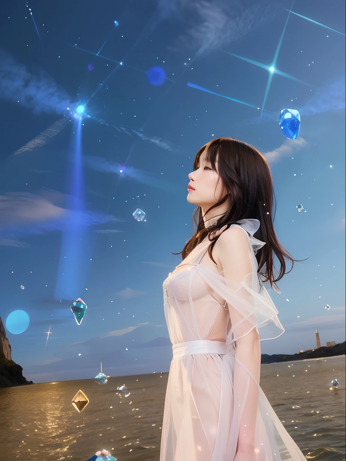 A naked woman with short hair receives ice magic、be frozen in ice。anime illustration、comics、