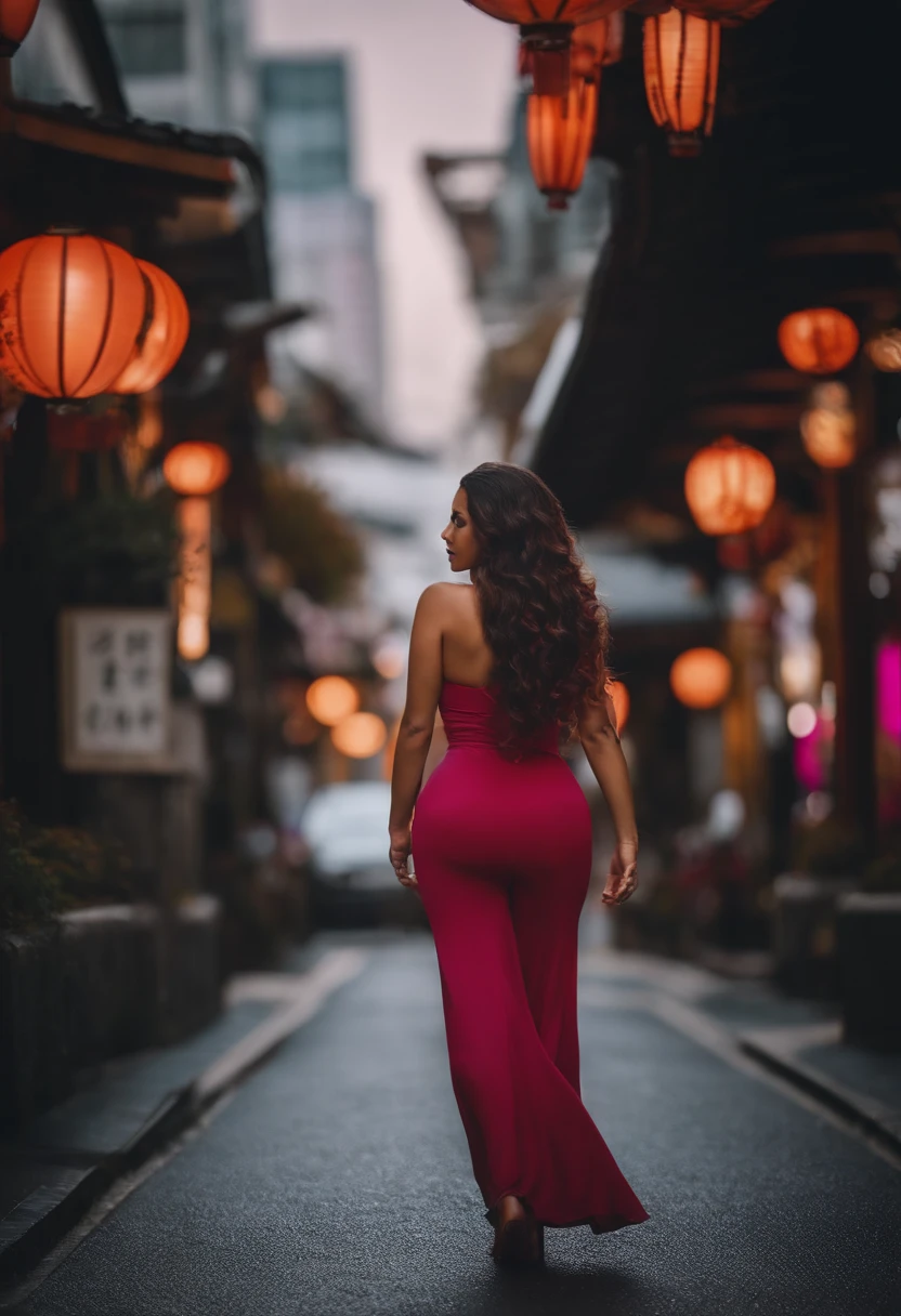 imagem realista, qualidade 8k, mulher, uns 30 anos, corpo exuberante, seios grandes e lindos, cintura fina proporcional ao corpo, coxas grandes e macias, Her hair is black with strong purple tips, ela tem olhos roxos, she is naked, She's walking down the street of Tokyo