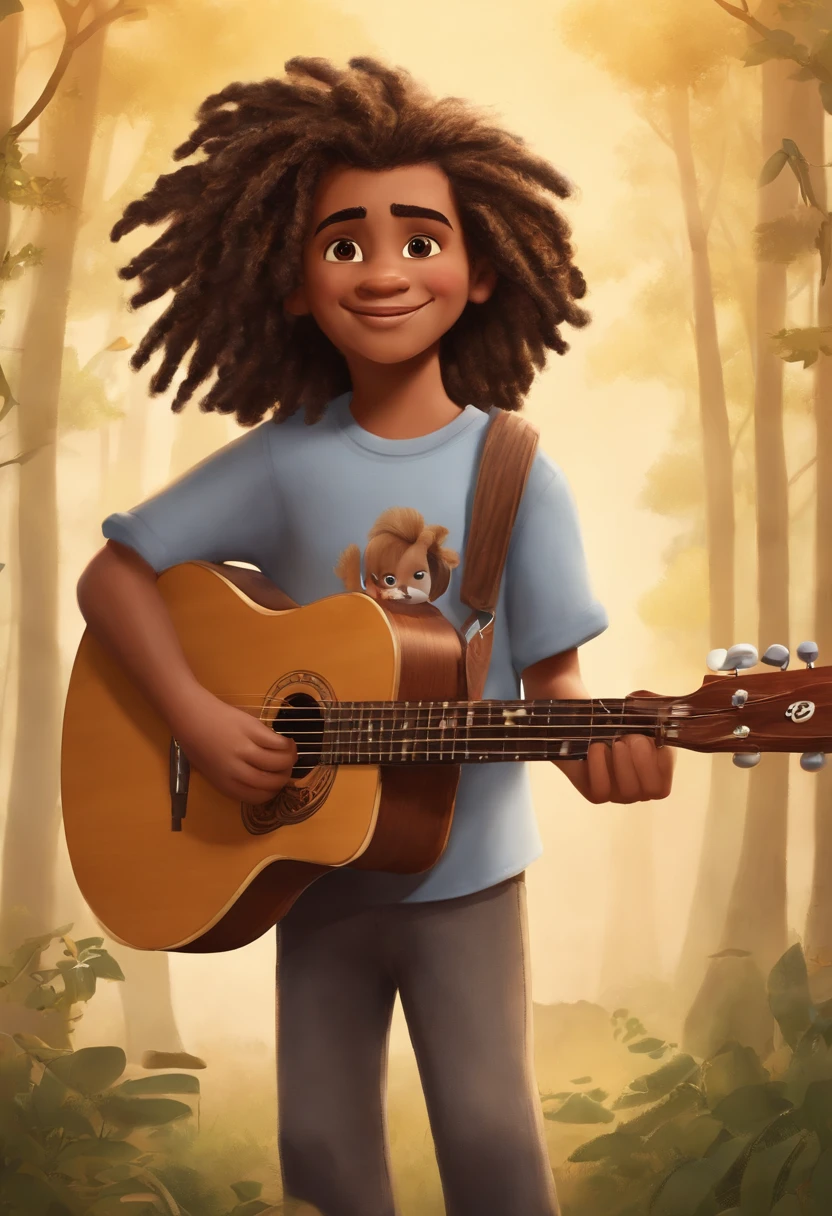 crie um banner no estilo Pixar. A boy with characteristics,moreno pardo com cabelos de dreadlocks,com bigode e cavanhaque,Castanhos escuros, Curly and slightly grayish appearance, mas jovem, usando uma camiseta preta, Wearing jeans and holding a classical guitar with 7 strings.