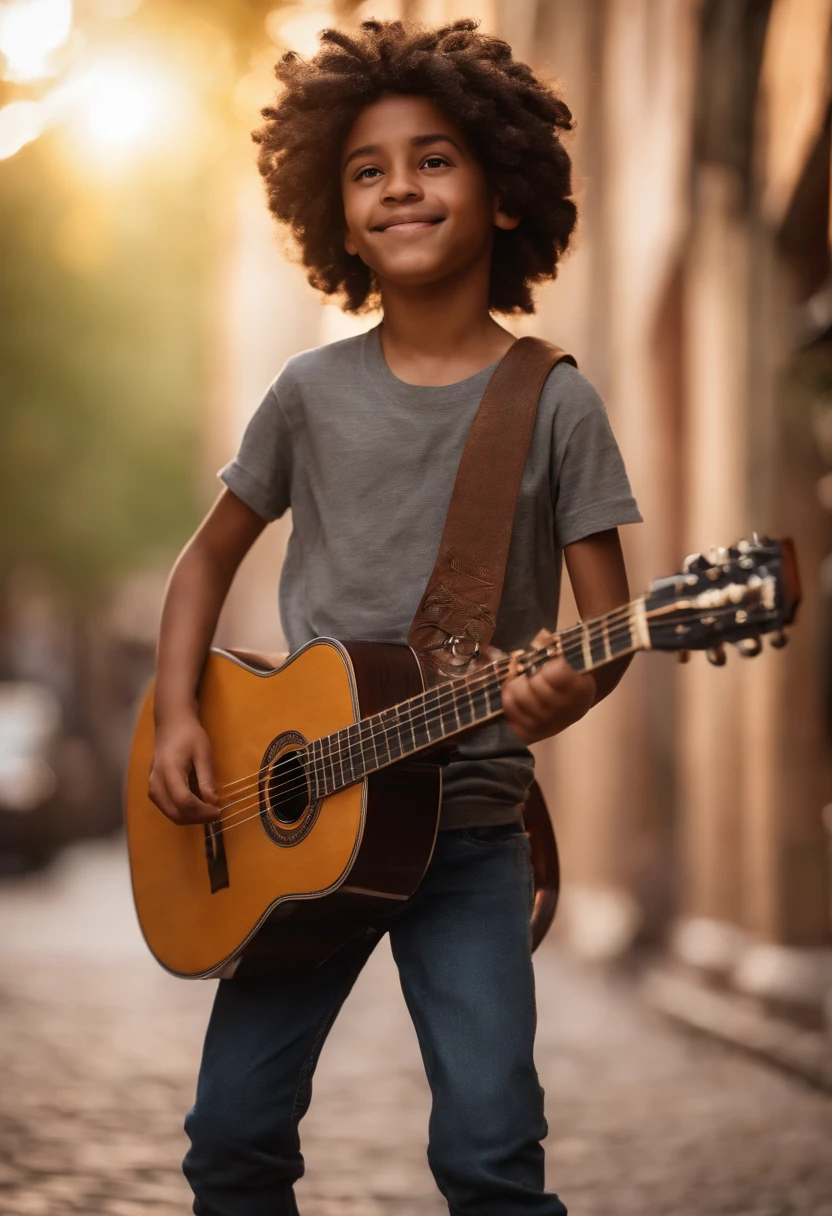 crie um banner no estilo Pixar. A boy with characteristics,moreno pardo com cabelos de dreadlocks,com bigode e cavanhaque,Castanhos escuros, Curly and slightly grayish appearance, mas jovem, usando uma camiseta preta, Wearing jeans and holding a classical guitar with 7 strings.