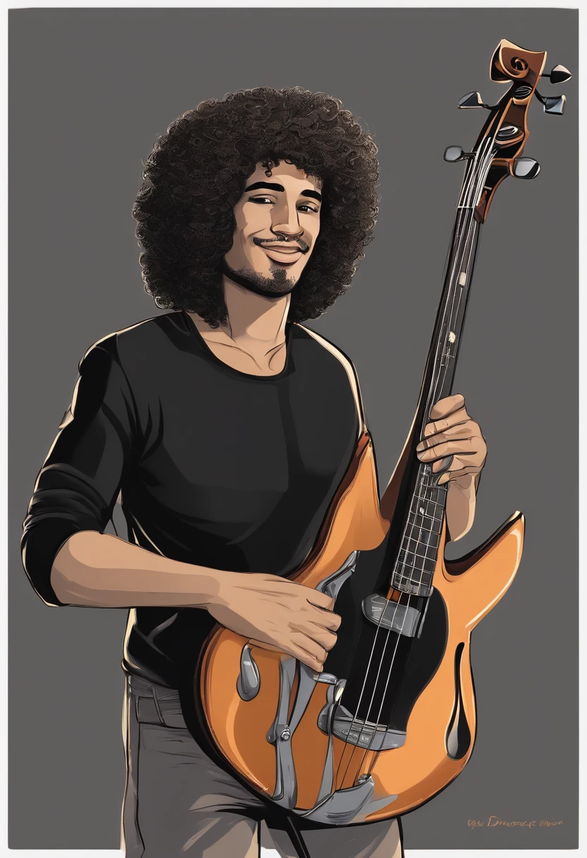 crie um banner no estilo Pixar. A man with Brazilian features, branco com cabelos curtos, preto hos escuros, Curly and slightly grayish appearance, mas jovem, usando uma camiseta, Wearing jeans and holding a classic double bass with 4 strings.