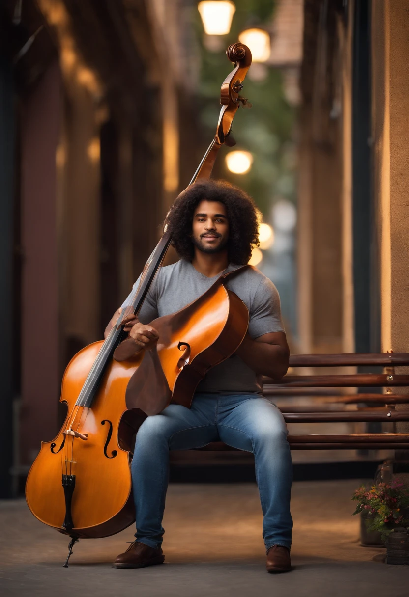 crie um banner no estilo Pixar. A man with Brazilian features, branco com cabelos curtos, preto hos escuros, Curly and slightly grayish appearance, mas jovem, usando uma camiseta, Wearing jeans and holding a classic double bass with 4 strings.