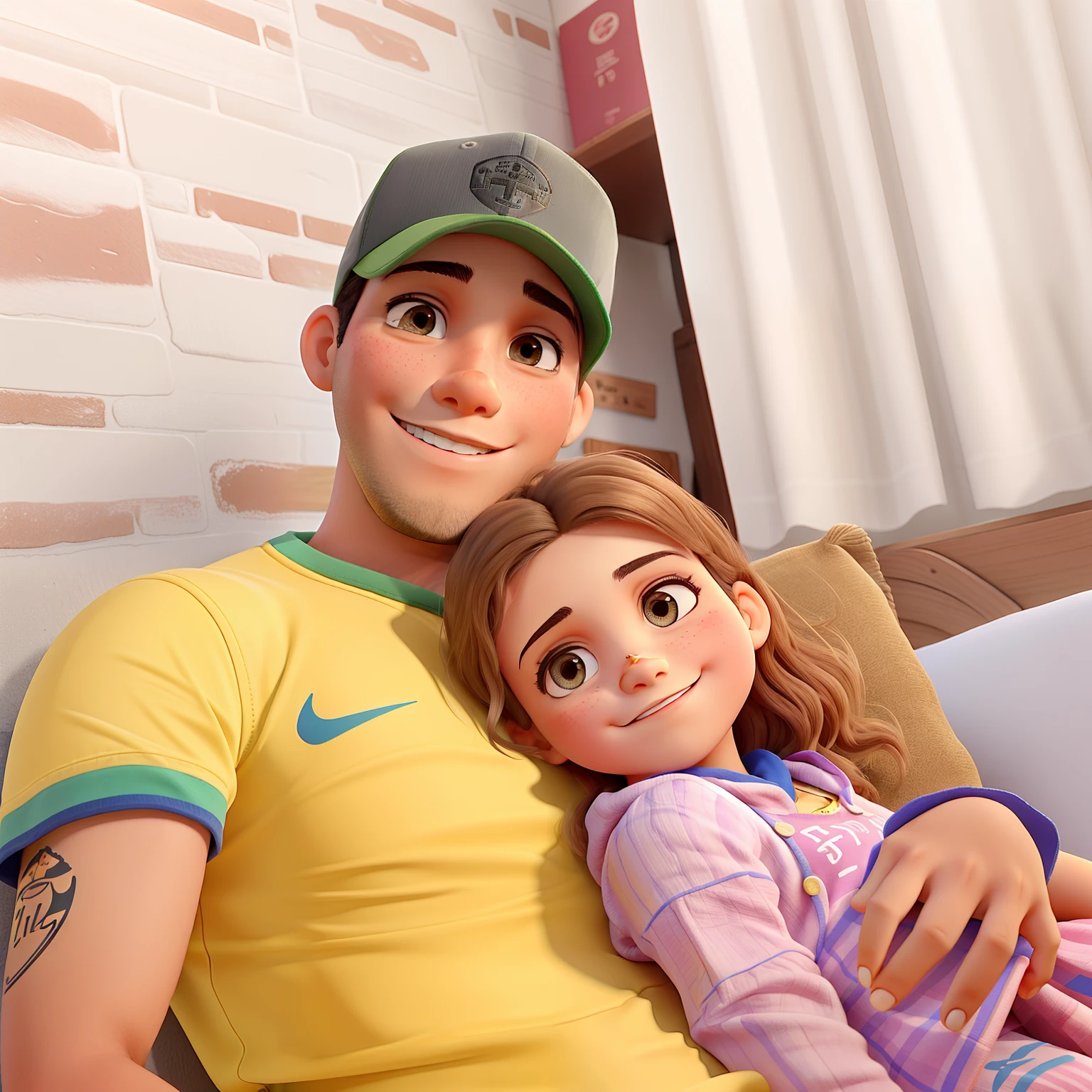 Pai jovem e magro. Filha loira e feliz
