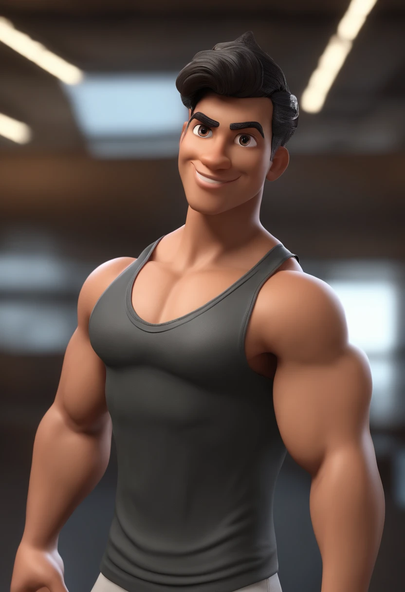 Cartoon character of an 18-year-old boy who practices bodybuilding, cabelo ondulado preto com um brinco em cada orelha e uma camisa regata preta, animation character, Caractere estilizado, animation style rendering, 3D estilizado, Arnold Maya render, 3 d render stylized, toon render keyshot, Personagem 3D, Personagem 3D, 3d rendering stylized, 3 d character render, personagem de desenho animado, Personagem de close up, Pose de personagem,  (Estilo Pixar) (master part:1.2) (Bokeh) (best quality) (pele detalhada) (textura detalhada) (8k) (argila) (Cinematic lighting) (foco nítido
