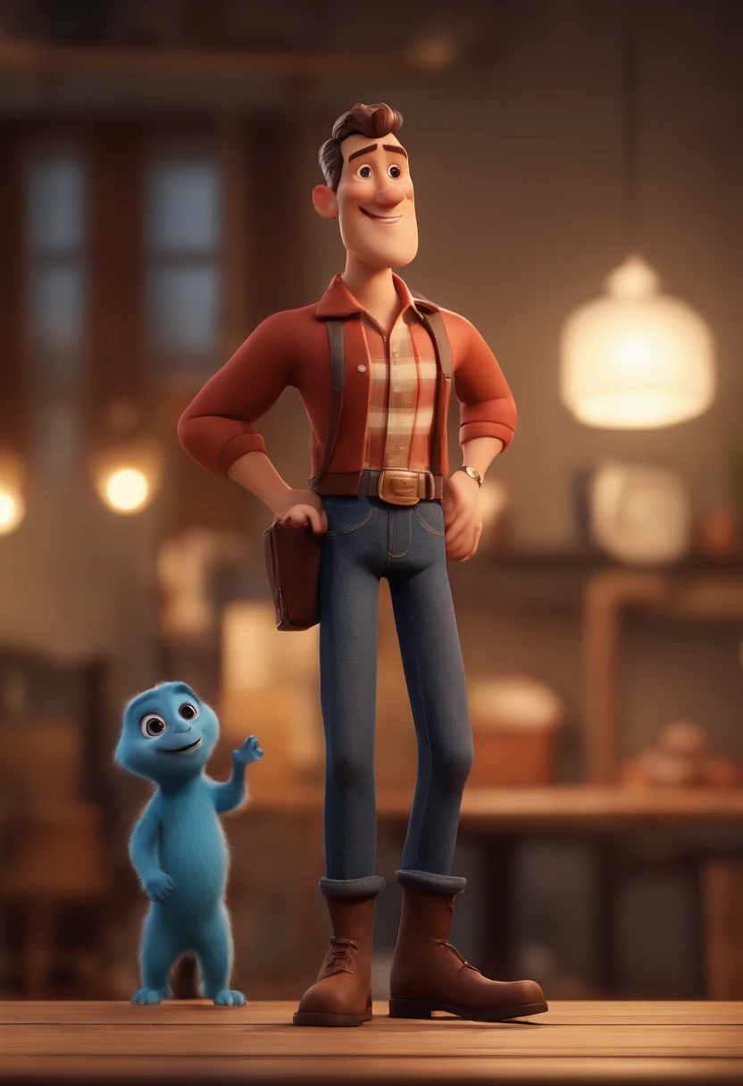 personagem dos desenhos animados de um homem barbado, cropped hair, black shirt, blue jeans with a cell phone in his hand, animation character, Caractere estilizado, animation style rendering, 3D estilizado, Arnold Maya render, 3 d render stylized, toon render keyshot, Personagem 3D, Personagem 3D, 3d rendering stylized, 3 d character render, personagem de desenho animado, Personagem de close up, Pose de personagem, (Estilo Pixar) (master part:1.2) (Bokeh) (best quality) (pele detalhada) (textura detalhada) (8k) (argila) (Cinematic lighting) (foco nítido
