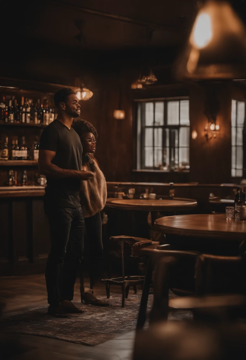 Casal em um bar se divertindo bebendo menina de pele negra