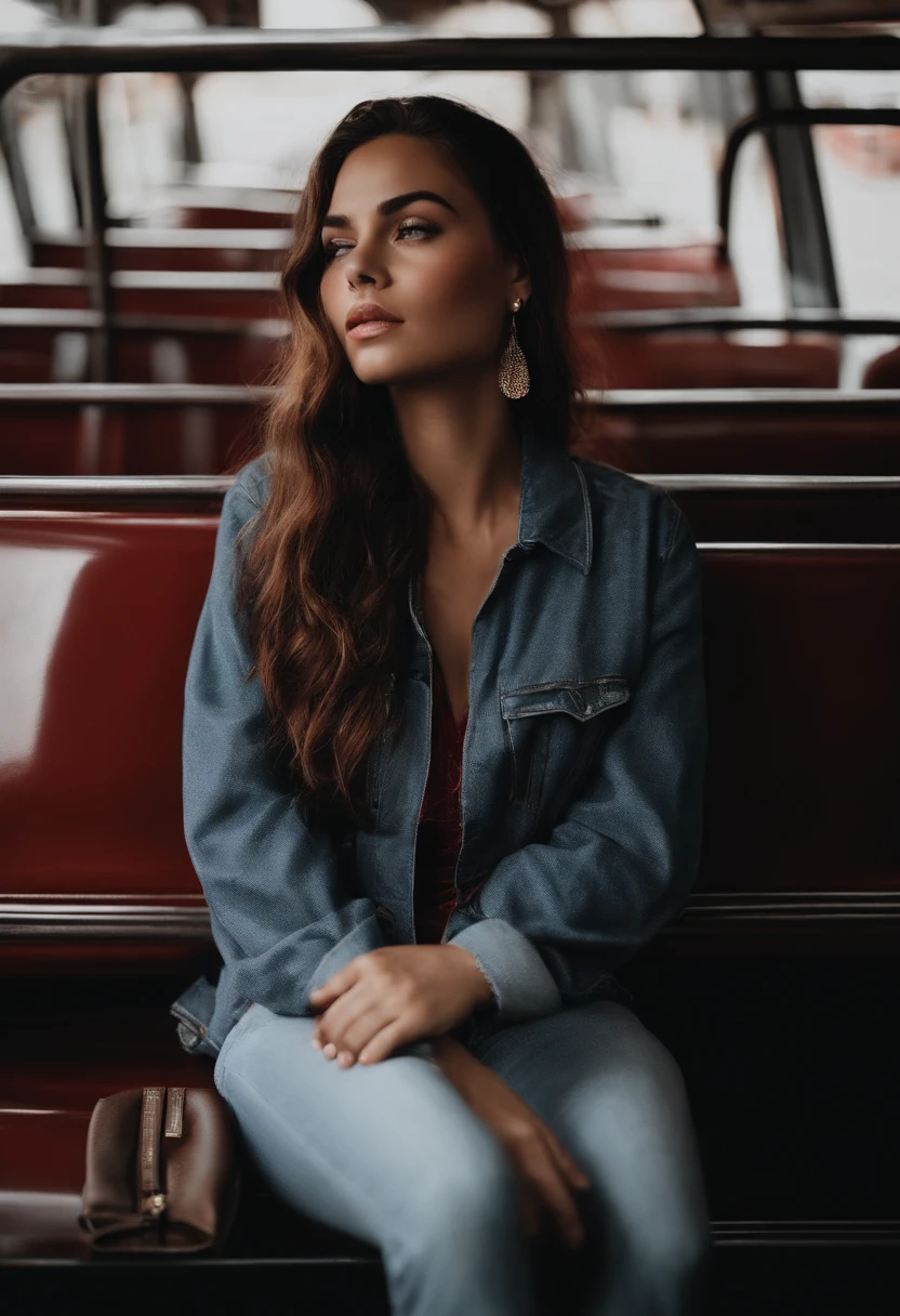Crie um garoto de 15 anos com uma blusa vermelha, jeans, cabelos pretos, muito triste. Sitting on a bus bench.