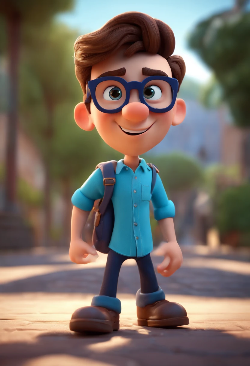 Cartoon character of a young man with blue glasses, olhos verdes, barba e camisa azul, animation character, Caractere estilizado, animation style rendering, 3D estilizado, Arnold Maya render, 3 d render stylized, toon render keyshot, Personagem 3D, Personagem 3D, 3d rendering stylized, 3 d character render, personagem de desenho animado, Personagem de close up, Pose de personagem,  (Estilo Pixar) (master part:1.2) (Bokeh) (best quality) (pele detalhada) (textura detalhada) (8k) (argila) (Cinematic lighting) (foco nítido