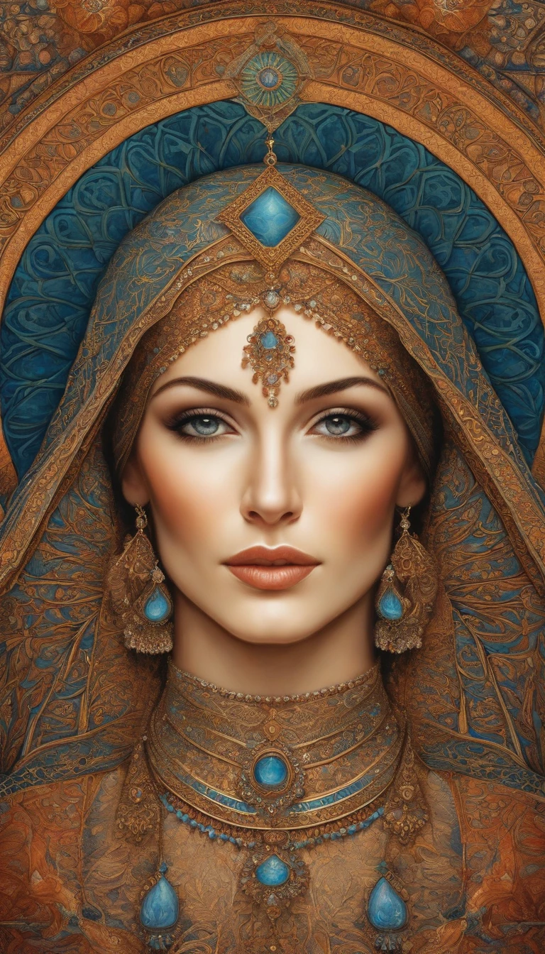 symmetrical woman portriat cicular Islamic ornament, floral, pen drawing with crisp lines by senior concept artist josephine wall, artgerm, norman rockwell, highly detailed, dramatic lighting, Iranian miniature style