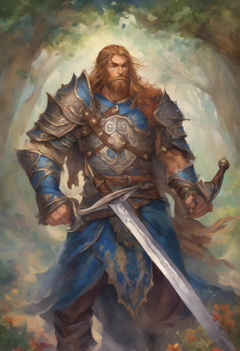 Caveleiro medieval com uma armadura com ombriras grandes com uma safira azul na regiao peitoral em um campo de batalha com varios monstros