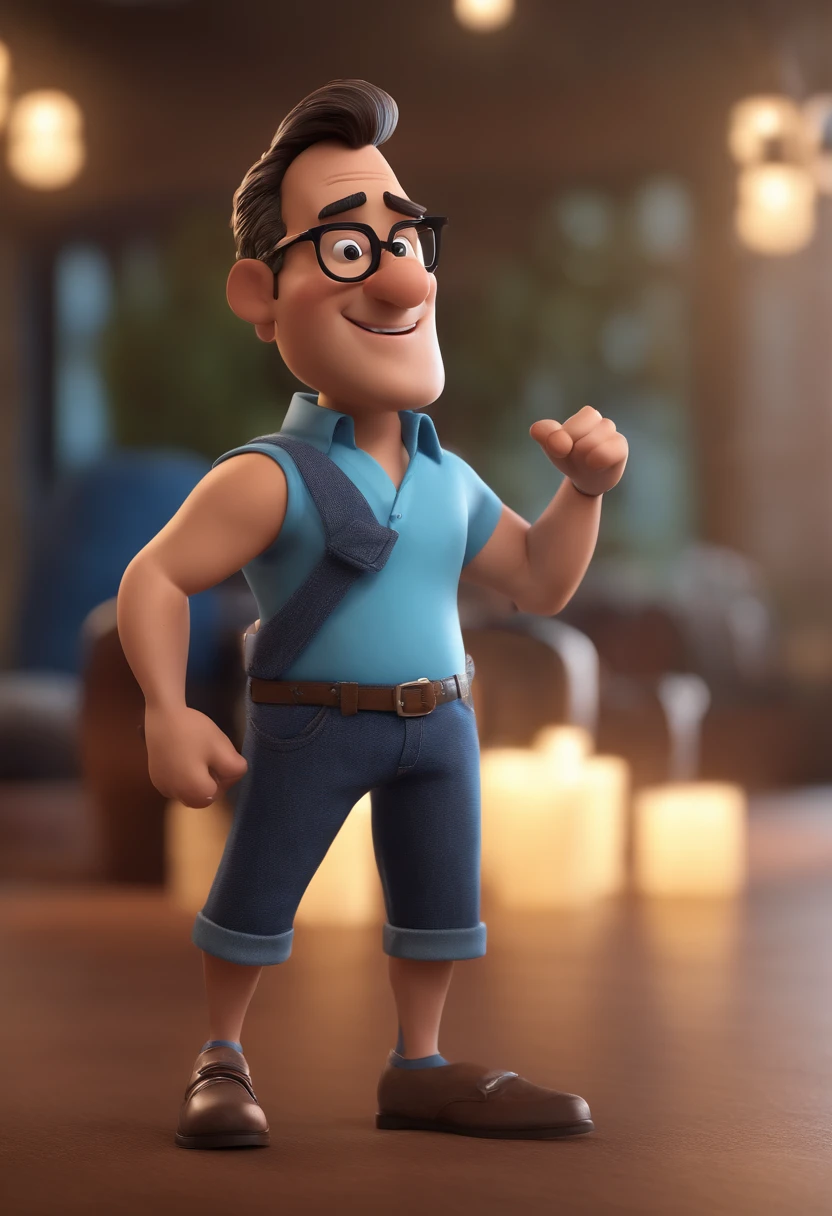 Cartoon character of a man with black glasses and a blue shirt, animation character, Caractere estilizado, animation style rendering, 3D estilizado, Arnold Maya render, 3 d render stylized, toon render keyshot, Personagem 3D, Personagem 3D, 3d rendering stylized, 3 d character render, personagem de desenho animado, Personagem de close up, Pose de personagem, (Estilo Pixar) (master part:1.2) (Bokeh) (best quality) (pele detalhada) (textura detalhada) (8k) (argila) (Cinematic lighting) (foco nítido