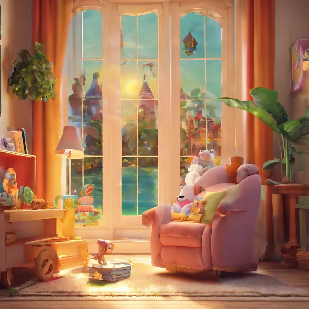 create a 3D movie poster inspired by Disney Pixar, The scene should be in Pixar's signature digital art style, com uma imagem caricatural que lembra uma mulher de 40 anos ,rosto quadrado ,olhos castanhos ,oculos pretos,cabelo longo cacheado loiro,wears a white gown to teach a child to read.