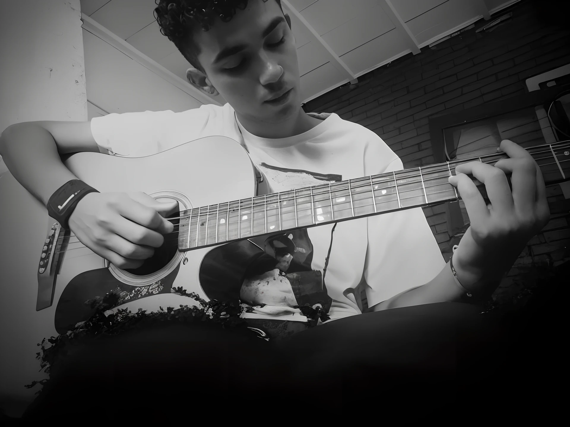 homem arafed tocando uma guitarra em uma sala com uma parede de tijolos, playing the guitar, playing a guitar, playing the guitar, tocando guitarra, solo de guitarra, mateus 9 5, holding a guitar, by Amelia Peláez, mid riff, caio santos, jamming to music, inspirado em Nathan Oliveira, practice, Directed by: Agustin Fernandez