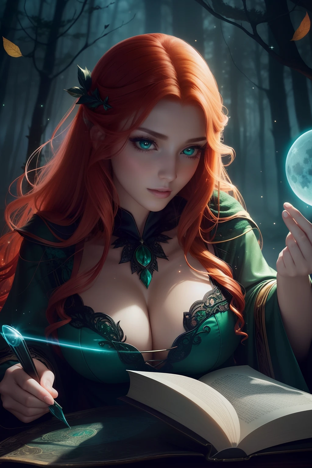 (Best Quality,hight resolution,Vivid colors),Beautiful detailed green eyes, beautiful detailed lips,Extremely detailed eyes and face,Red-haired beauty,Stunning beauty,fine complexion,,The Enchanted Forest,sorcery,Magical atmosphere,Mysterious Vibes,Floating leaves,Glowing Book of Spells,Sparkling Wand,Dark Robe,captivating gaze,Ancient knowledge,incantation,Magic potions,silhouette,Moonlit night,Sorceress in moonshine, big breastes.