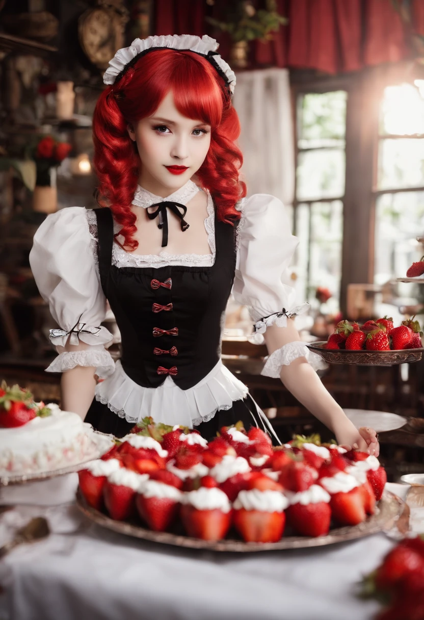 foto promocional, The place is a café, 1 girl, Rosto de 16 anos, Waitress carrying cake to the table, Red-haired twin tails, rosto gentil, Gothic lolita costume and maid costume with the image of strawberries, white-based clothes,