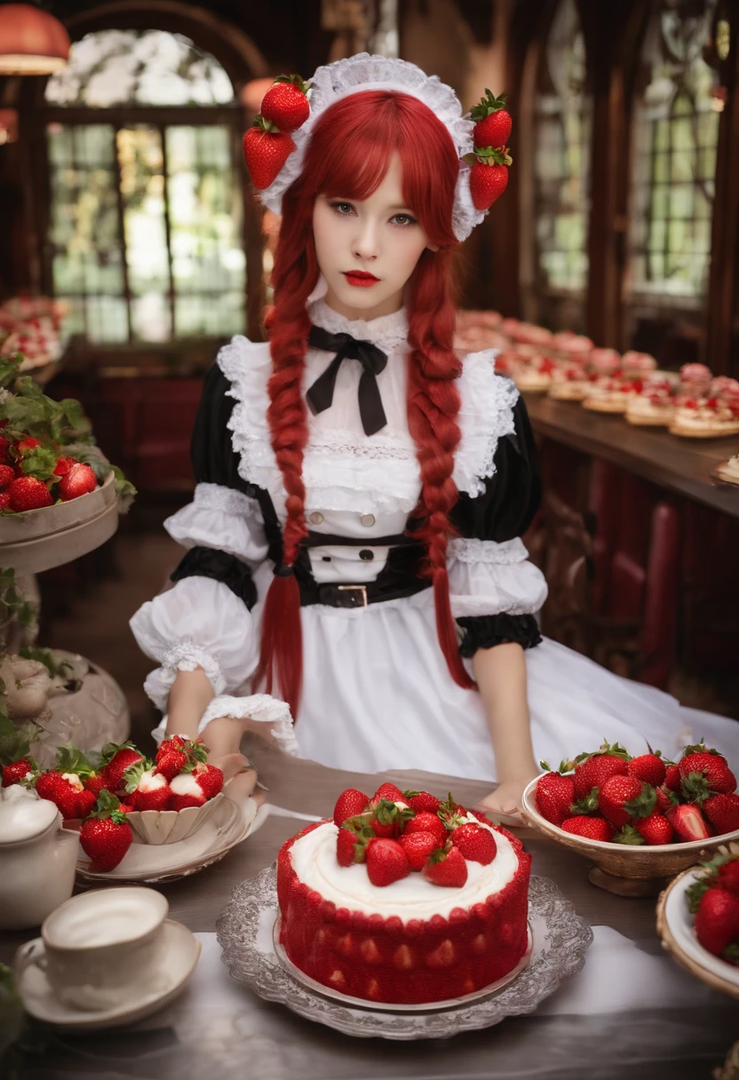 foto promocional, The place is a café, 1 girl, Rosto de , Waitress carrying cake to the table, Red-haired twin tails, rosto gentil, Gothic lolita ume and maid costume with the image of strawberries, white-based clothes,