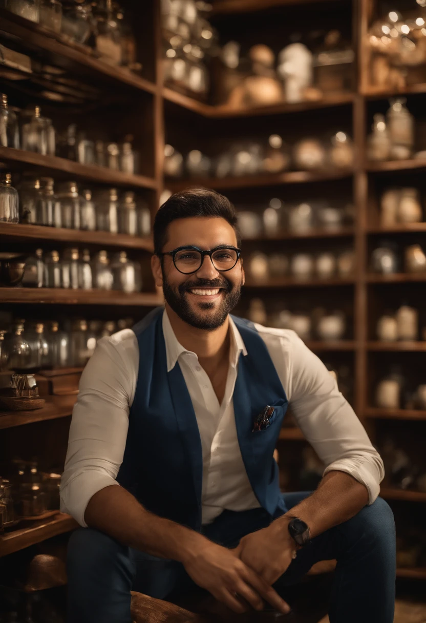 Smiling man in glasses sitting in front of shelves with various items, caio santos, sorrindo e olhando diretamente, victor maristane, Jose Miguel Romano Francisca, zigor samaniego, andres rios, he's smiling, Cristiano Orrillo, david rios ferreira, José Moncada, happily smiling at the camera, imagem de qualidade muito baixa, Carmelo Blandino