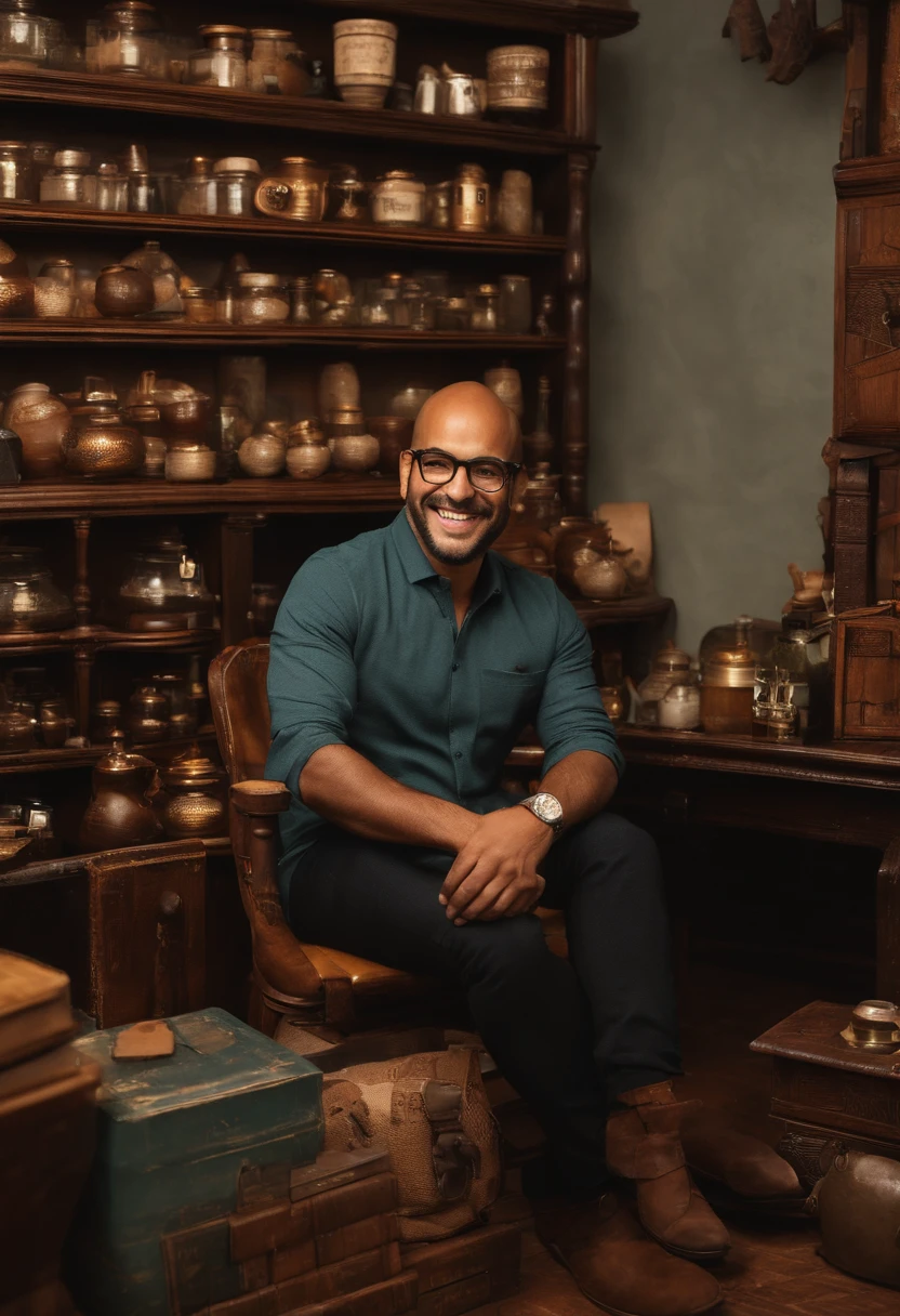 Smiling man in glasses sitting in front of shelves with various items, caio santos, sorrindo e olhando diretamente, victor maristane, Jose Miguel Romano Francisca, zigor samaniego, andres rios, he's smiling, Cristiano Orrillo, david rios ferreira, José Moncada, happily smiling at the camera, imagem de qualidade muito baixa, Carmelo Blandino