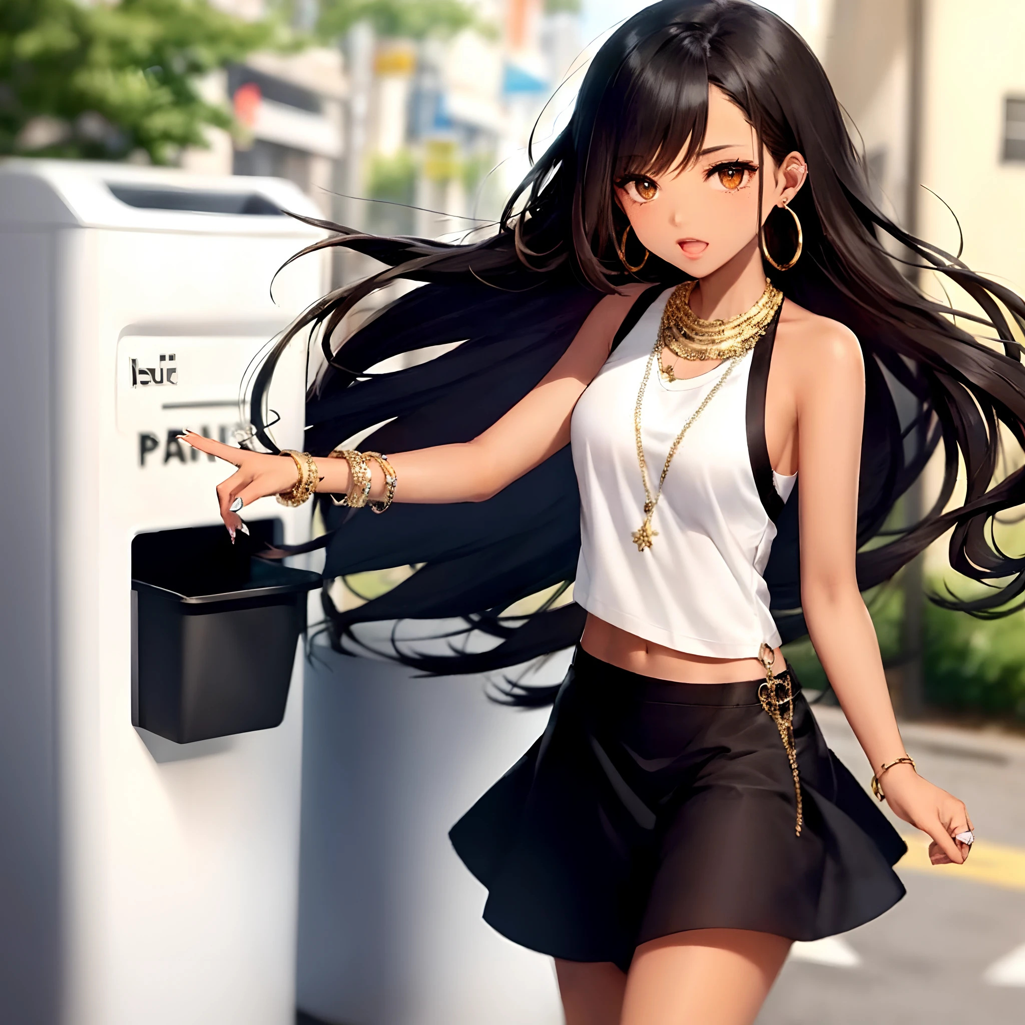 Ghetto black girl with long flowy hair big brown eyes dressed in urban wear clothes with gold jewelry and long colorful fingernails. Throwing  paper in the trash can .