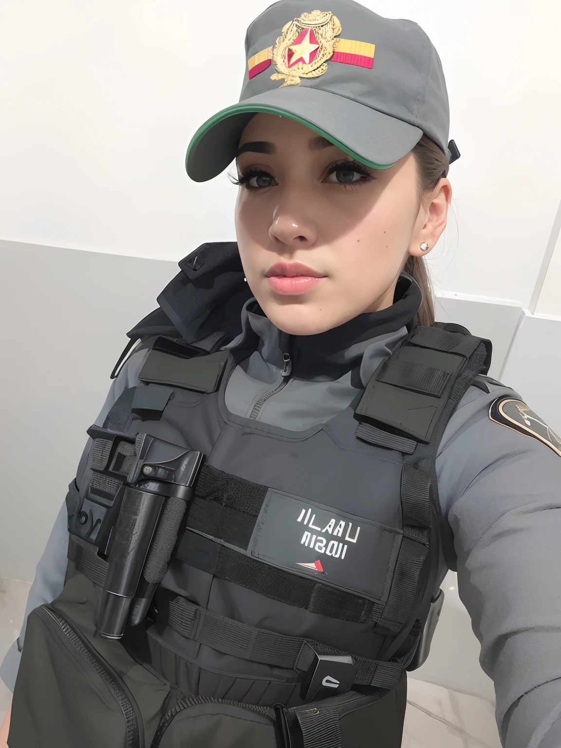 Mulher com uniforme militar posando para foto, wearing tactical gear, Karla Ortiz, Lorena Avarez, dressed in tactical armor, traje: soprar, by Amelia Peláez, em uniforme cinza escuro, Fotografia de uma mulher techwear, security agent, pronto para o combate, oficial, Anos Imane, by Gina Pellón