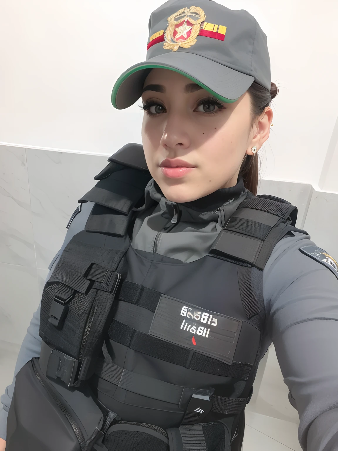Mulher com uniforme militar posando para foto, wearing tactical gear, Karla Ortiz, Lorena Avarez, dressed in tactical armor, traje: soprar, by Amelia Peláez, em uniforme cinza escuro, Fotografia de uma mulher techwear, security agent, pronto para o combate, oficial, Anos Imane, by Gina Pellón