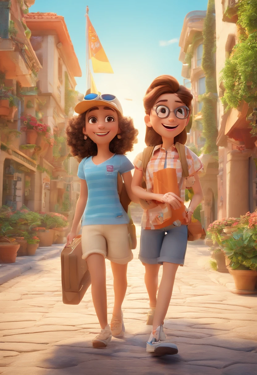 Cartoon of friends having fun on vacation together,  3D Animation Movie Poster, Poster de filme animado, pixar 3 d animation style, pixar renderman rendering, maia 8 mil, animated film, Disney Pixar Estilo 3D, amigos felizes saem juntos, all wearing light blue shirts and cream brown long pants, camisa azul clara, cream brown pants, ao ar livre, vacation, Disney Pixar Animation Poster