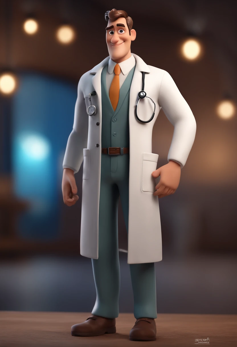 Cartoon character of a man wearing a doctor's lab coat, um personagem animado, Caractere estilizado, animation style rendering, 3D estilizado, Arnold Maya render, 3 d render stylized, toon render keyshot, Personagem 3D, Personagem 3D, 3d rendering stylized, 3 d character render, personagem de desenho animado, Personagem de close up, Pose de personagem, (Estilo Pixar) (master part:1.2) (Bokeh) (best quality) (pele detalhada) (textura detalhada) (8k) (argila) (Cinematic lighting) (foco nítido,Senta e vaza a parte superior do corpo