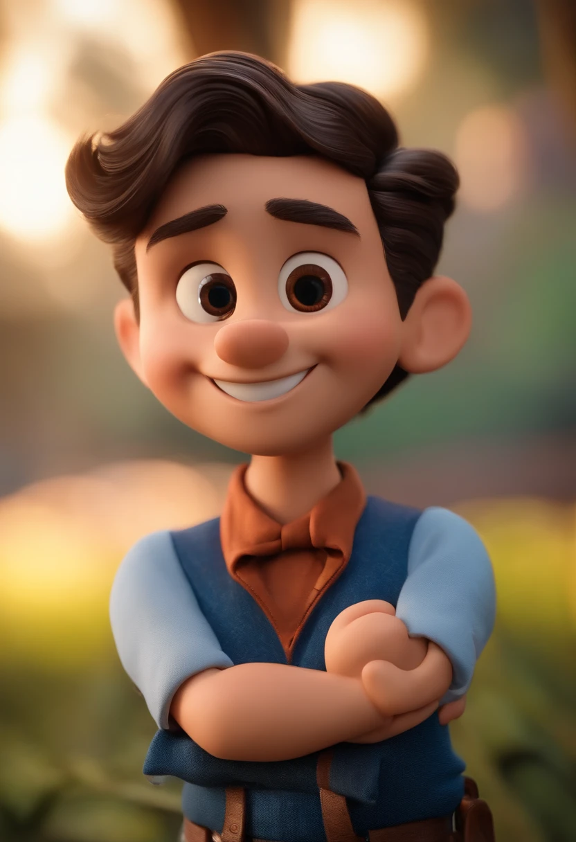muchacho, Estilo disney, Tono de piel: Claro:  cabello: Dark brown, liso, corto, Peinado hacia el lado derecho. camisa: social, color azul. Fondo: Degradado gris y blanco,Celebrando, Manos levantadas, Sonriente, feliz, (estilo pixar) (obra-prima:1.2) (Bokeh) (mejor calidad) (Piel detallada) (Textura detallada) (8k) (claymation) (cinematography lighting) (foco nítido