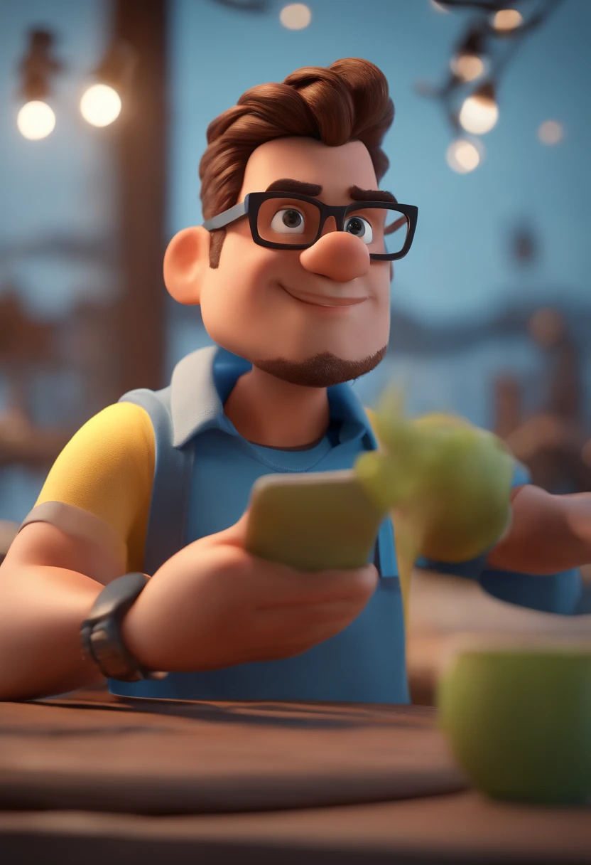 Cartoon character of a man with black glasses and a blue shirt, animation character, Caractere estilizado, animation style rendering, 3D estilizado, Arnold Maya render, 3 d render stylized, toon render keyshot, Personagem 3D, Personagem 3D, 3d rendering stylized, 3 d character render, personagem de desenho animado, Personagem de close up, Pose de personagem, (Estilo Pixar) (master part:1.2) (Bokeh) (best quality) (pele detalhada) (textura detalhada) (8k) (argila) (Cinematic lighting) (foco nítido