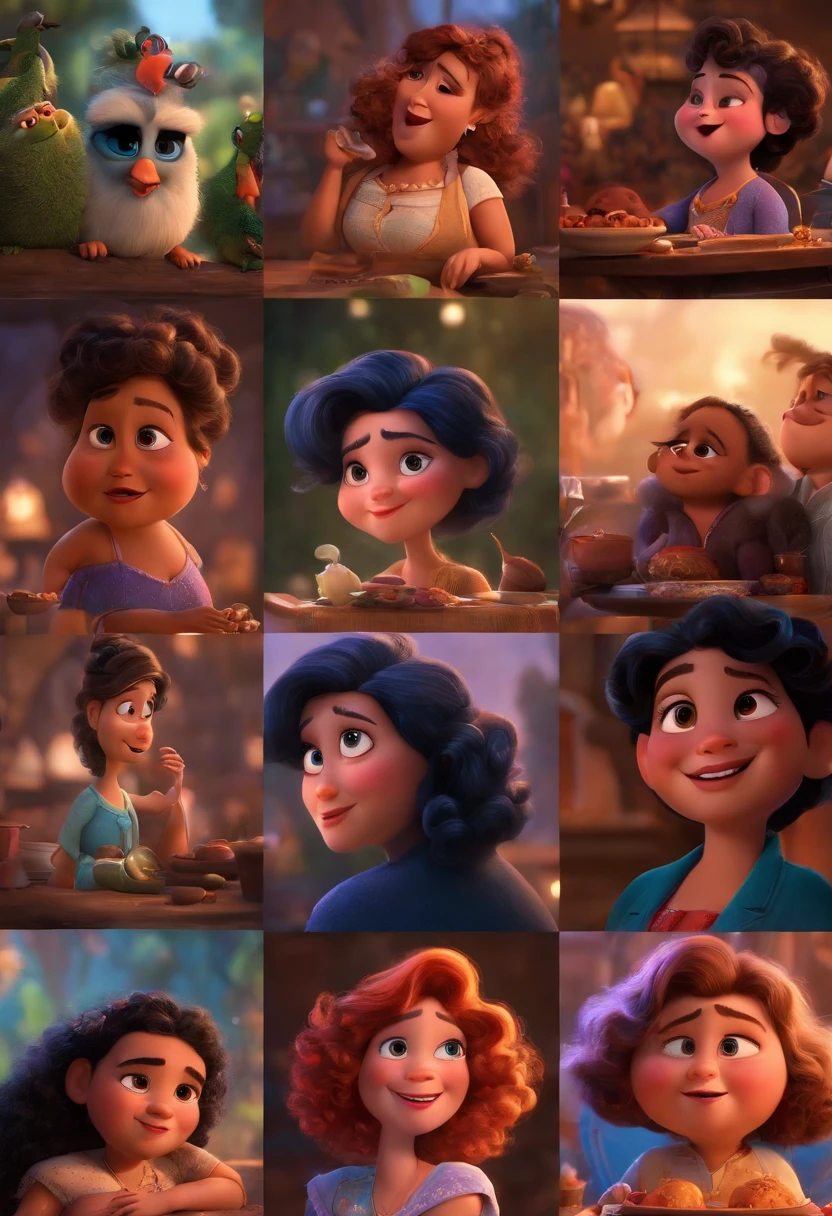 Um filme inspirado na Disney Pixar (Mulher Branca, gorda COM CABELO LONGO ondulado PRETO) dentro A cena estar na arte distinta do estilo PIXAR, descolada e estilosa