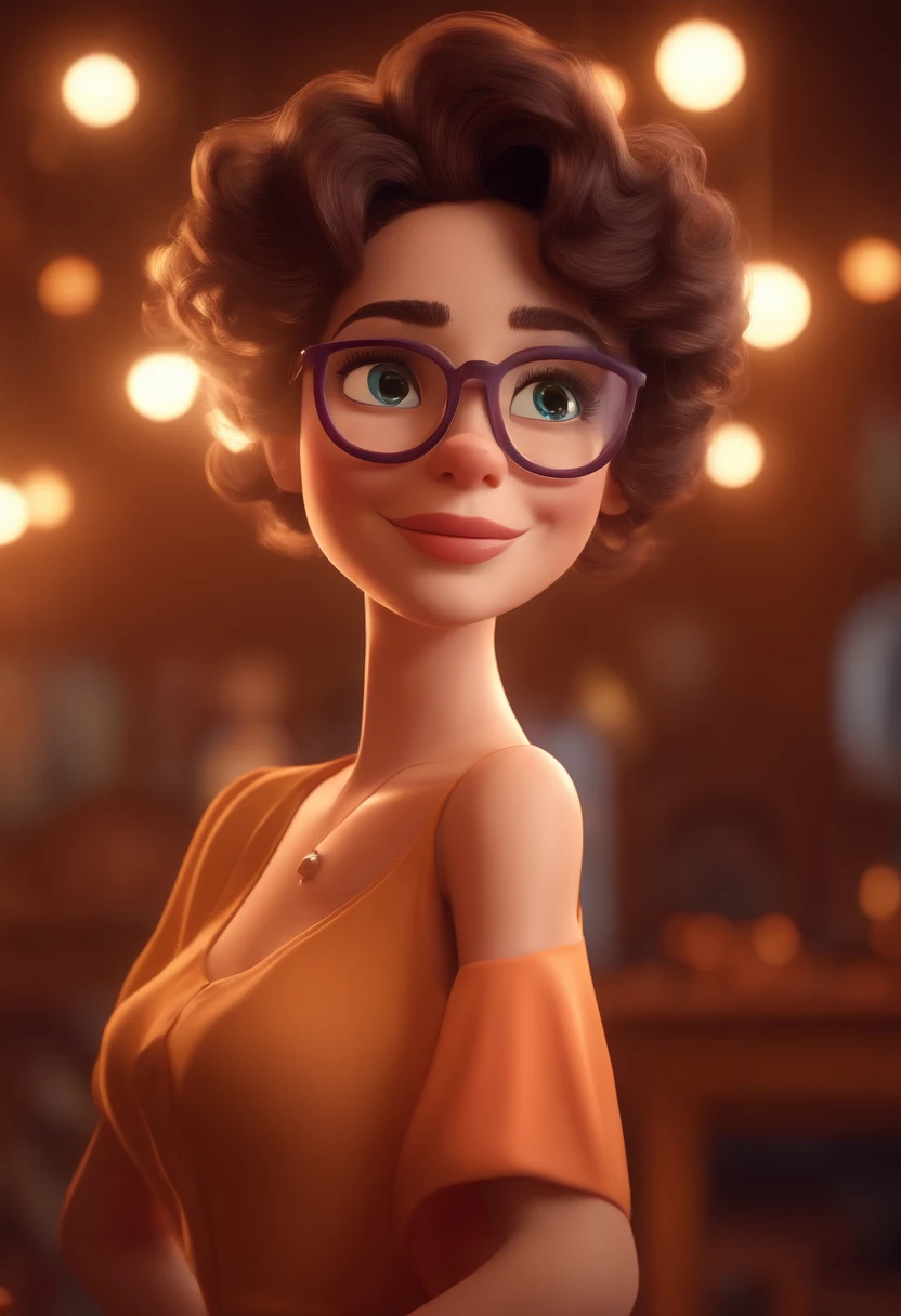 Pixar style image with 3D character white glasses brunette woman short curly hair dancing, Maquiagem Disney,Pescador, bonitinho, sorridente ,Close-up, Pixar, Disney, Cinema lighting,