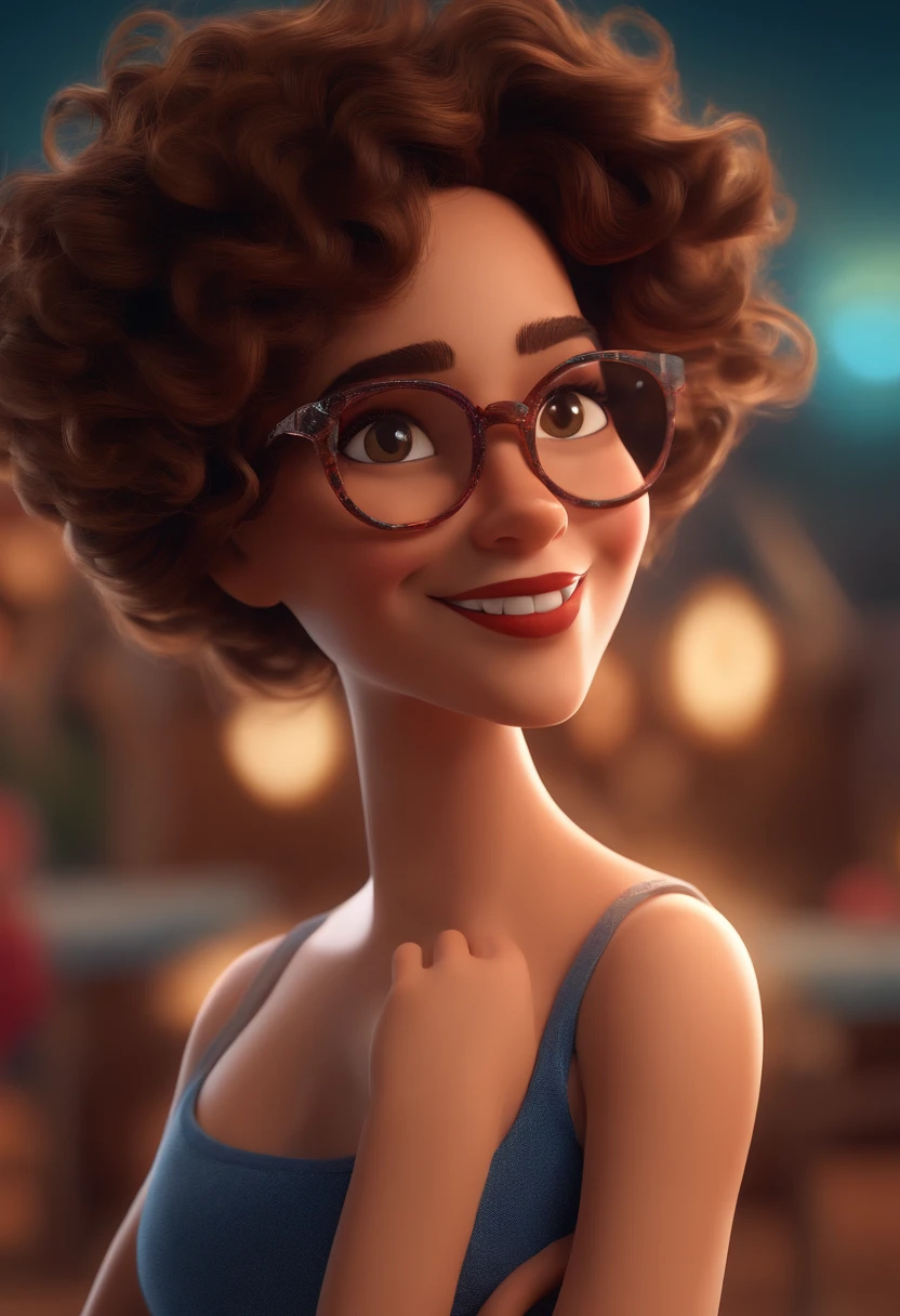 Pixar style image with 3D character white glasses brunette woman short curly hair dancing, Maquiagem Disney,Pescador, bonitinho, sorridente ,Close-up, Pixar, Disney, Cinema lighting,