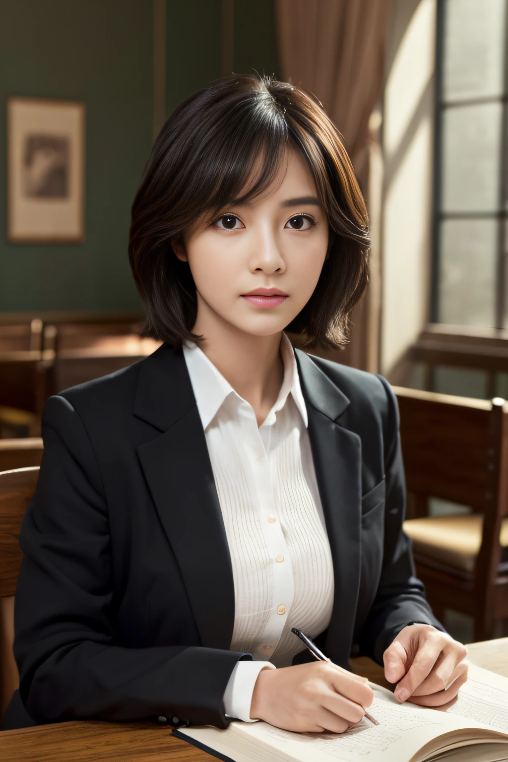 (masterpiece、top-quality、intricate detailes、chromatic abberation),extremely delicate and beautiful、Bewitching look,femele, 30 years old,so short hair,A highly detailed,very very gigantic boobs,nffsw、8K Wallpapers、exquisitedetails、masterpiece、best qualtiy、Official art、Highly detailed ticker Unity 8K pictorial wallpaper、huge filesize、ultra-detailliert、hight resolution、ighly detailed、a beautiful detailed girl、extremely detailed eye and face、beatiful detailed eyes、Facial light、Unsupervised、(((Black Suit)))、Emphasis on breasts,Black tights、Sitting on a desk and crossing legs、A dark-haired、a short bob、The background is the classroom,Look at the desk,Jacket over white shirt,