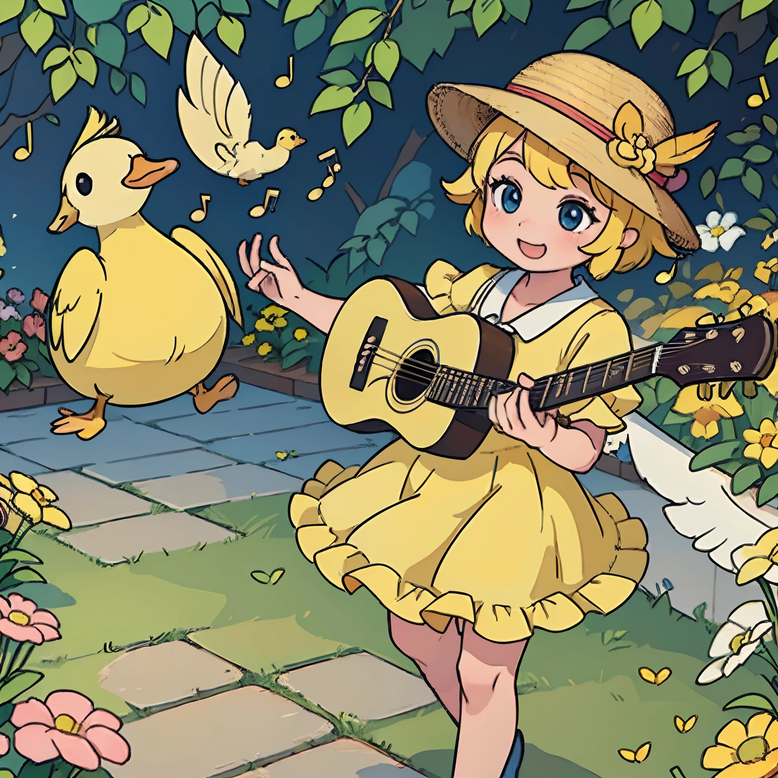 a duck playing guitar,detailed feathers,adorable beak,expressive eyes,soft yellow fur,playful personality,with a straw hat,serenading the audience,cute little wings,harmonious melody,bright and colorful garden background,(best quality:1.2),vibrant colors,natural lighting,beautiful garden scenery,blurred bokeh effect,vivid and lively image,Fine Art style