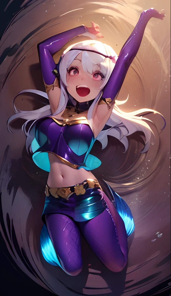 (masterpiece, best quality) solo, 1girl, 1girl, solo, small breasts, smol body, cowboy shot, outfit-km, blue fire, white hair, short hair, red eyes, hair flower, hair ribbon, ribbon, earrings, smile, silver hair, hand on hip, cameltoe, sweat, wet skin, pov, view from below, pussy_focus, steaming body, abs, armpit,